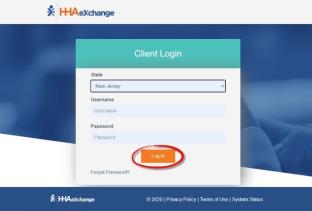 Client Login page with State field populated (New Jersey), blank Username and Password fields, and a Log In button circled at lower center. Below that, a Forgot Password link.